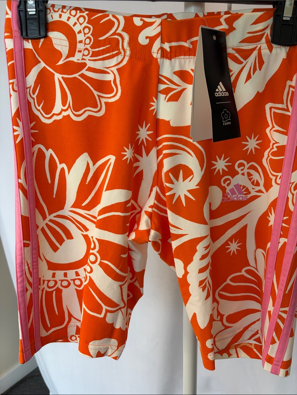 adidas Orange Print Stretch Shorts with Pink Stripes and Logo-Small